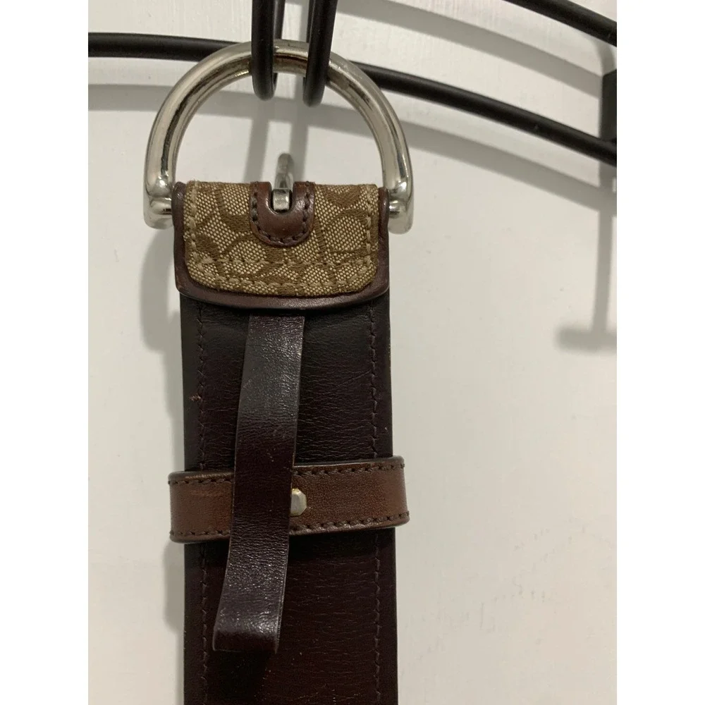 Coach Signature Monogram Canvas Brown Leather Belt Silver D-Ring Buckle Khaki